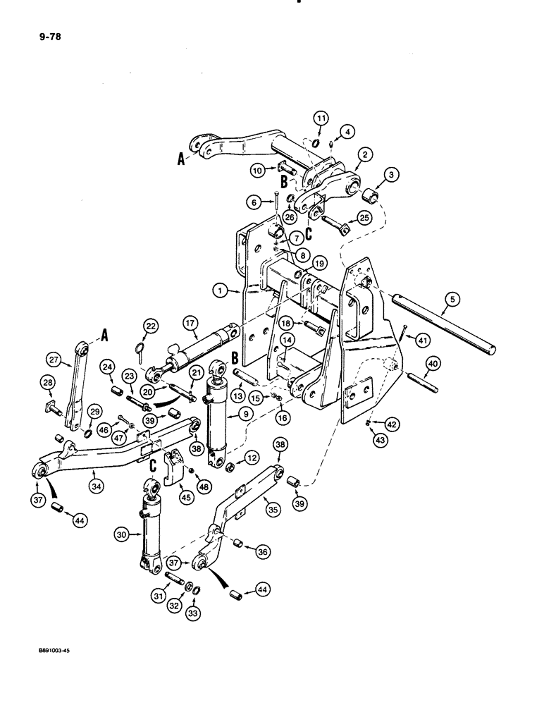 Схема запчастей Case 480E LL - (9-078) - 3-POINT HITCH DRAFT ARMS,LINKAGE,& CYL CATEGORYI-II HYD HITCH MODELS W/1" MOUNTING HOLE IN PITCH CYL (09) - CHASSIS/ATTACHMENTS