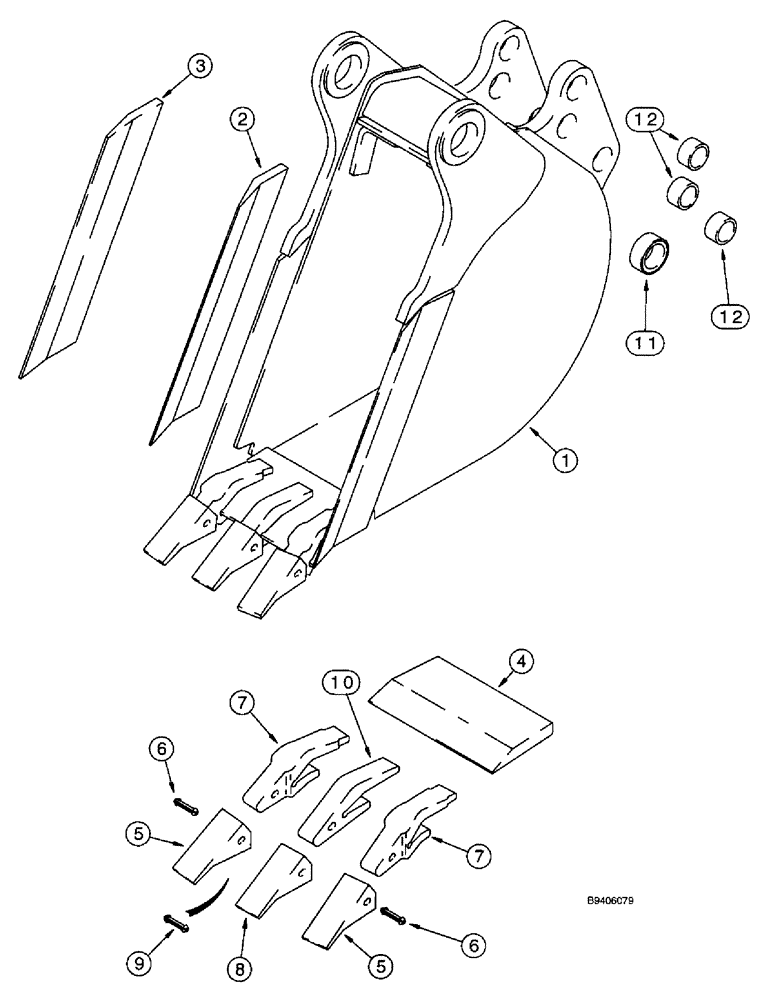 Схема запчастей Case 590SL - (9-47) - UNIVERSAL BACKHOE BUCKET, 305MM (12") WIDE, 305MM (12") WIDE TRENCHING BUCKET & TEETH- HEAVY DUTY (09) - CHASSIS/ATTACHMENTS