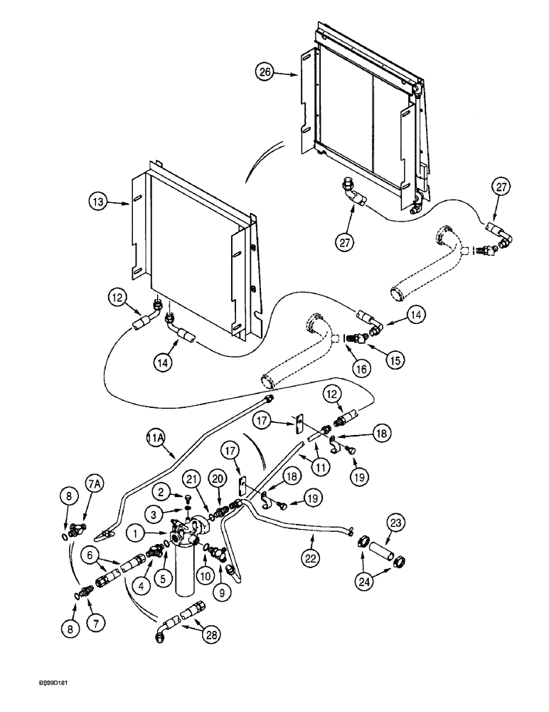 Схема запчастей Case 570LXT - (8-008) - EQUIPMENT HYDRAULIC SYSTEM, OIL COOLER LINES, RETURN LINES AND FILTER(W/FLARED FITTINGS AT COOLER (08) - HYDRAULICS