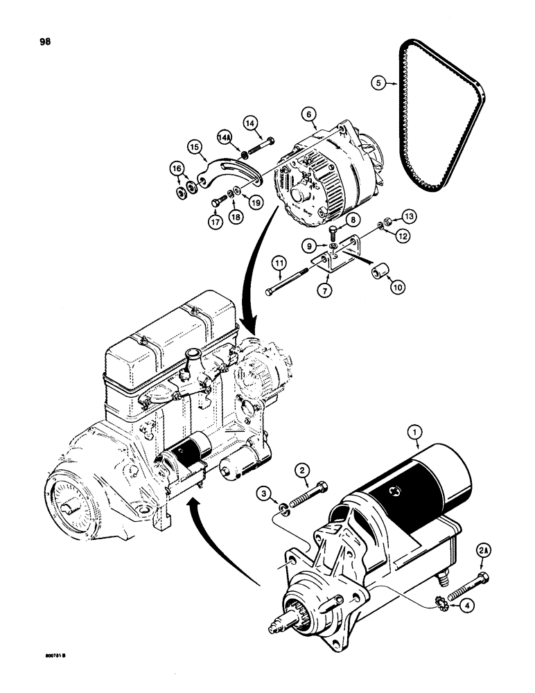 Схема запчастей Case 580D - (098) - STARTER AND ALTERNATOR MOUNTING, MODELS WITHOUT AIR CONDITIONING (04) - ELECTRICAL SYSTEMS