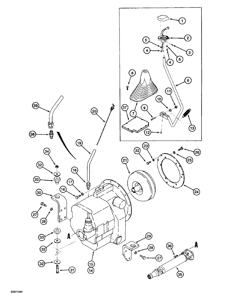 Схема запчастей Case 570LXT - (6-022) - TRANSMISSION MOUNTING, DRIVE SHAFT, DIPSTICK, AND GEAR SHIFT LEVER (06) - POWER TRAIN