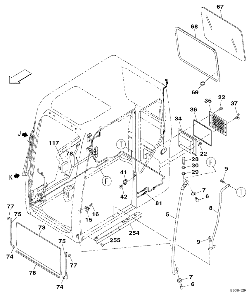 Схема запчастей Case CX470B - (09-62) - CAB - LOWER FRONT AND REAR GLASS AND HANDRAILS (09) - CHASSIS