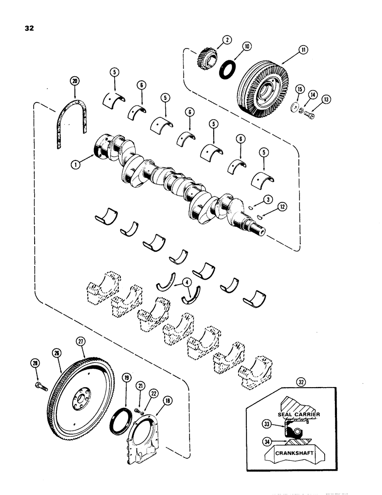 Схема запчастей Case W24B - (032) - CRANKSHAFT AND FLYWHEEL, (504BD) AND (504BDT) DIESEL ENGINES (02) - ENGINE