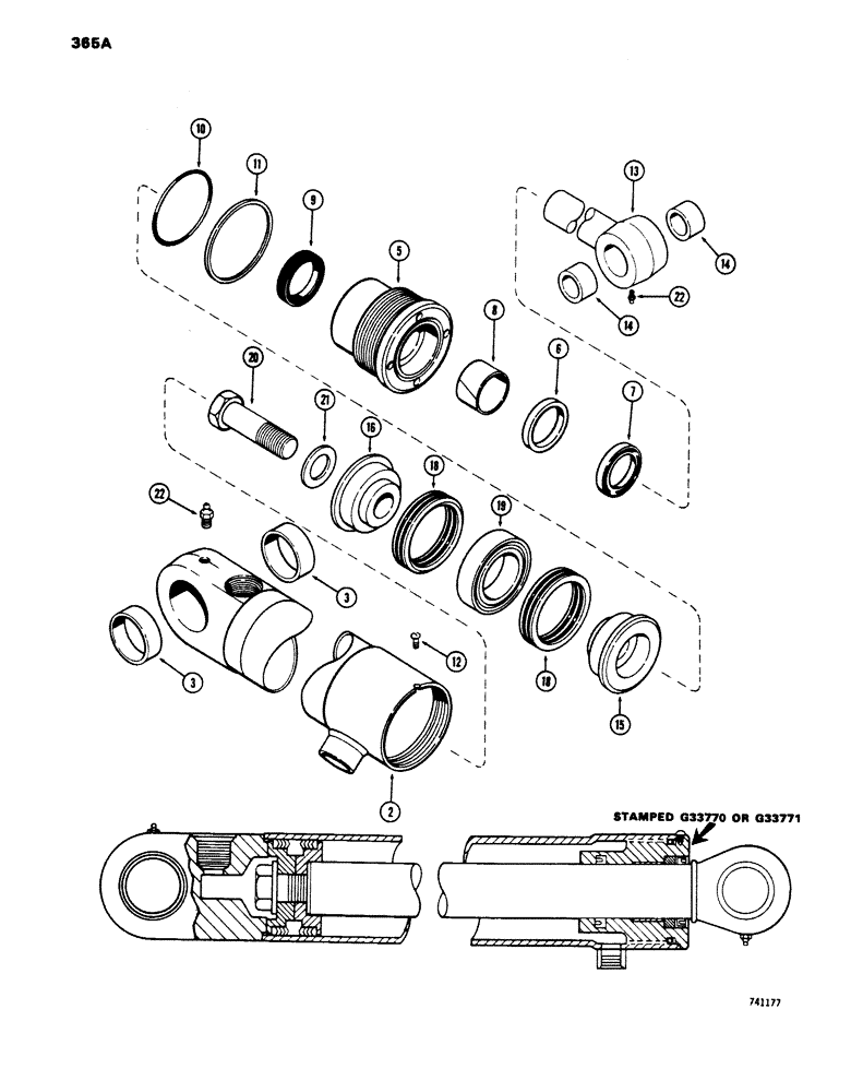 Схема запчастей Case 450 - (365A) - G33770 & G33771 CLAM CYLINDERS, USED ON D46899 4-IN-1 BUCKET, GLAND IS STAMPED W/CYLINDER PT NUMBER (07) - HYDRAULIC SYSTEM