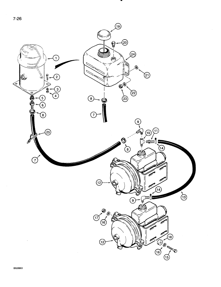 Схема запчастей Case 821 - (7-026) - BRAKE FLUID RESERVOIR TO BRAKE ACTUATORS (07) - BRAKES