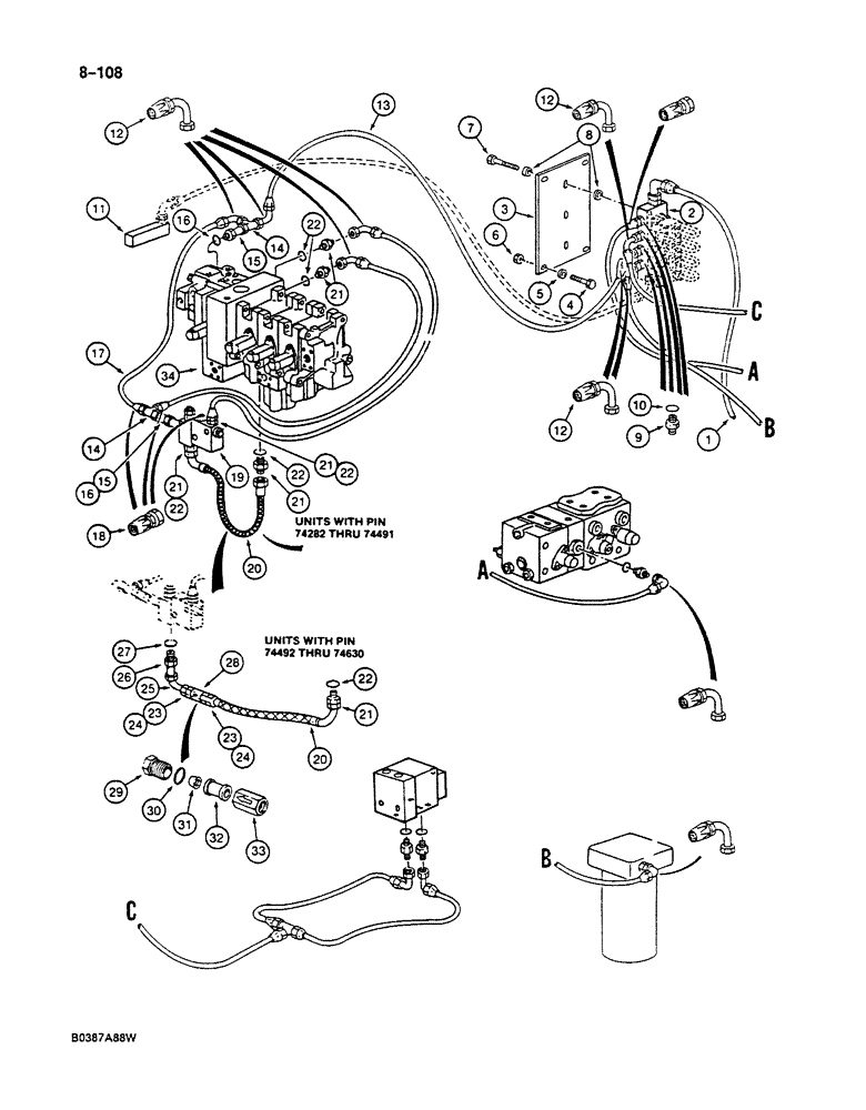 Схема запчастей Case 125B - (8-108) - HYD. CIRCUIT FOR CONTROLS, SOLENOID VALVE TO MAIN CONTROL VALVES & SWIVEL, P.I.N. 74282 THRU 74630 (08) - HYDRAULICS