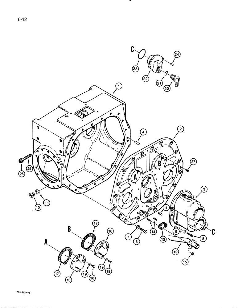 Схема запчастей Case 455C - (6-12) - TRANSMISSION HOUSING AND FRONT COVERS, MODELS WITH WET BRAKES THRU P.I.N. 3080911 (06) - POWER TRAIN