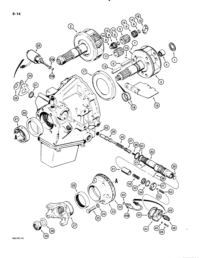 Схема запчастей Case 480E LL - (6-14) - POWER SHUTTLE, PINION CAGE, OUTPUT SHAFT, AND CONTROL VALVE (06) - POWER TRAIN