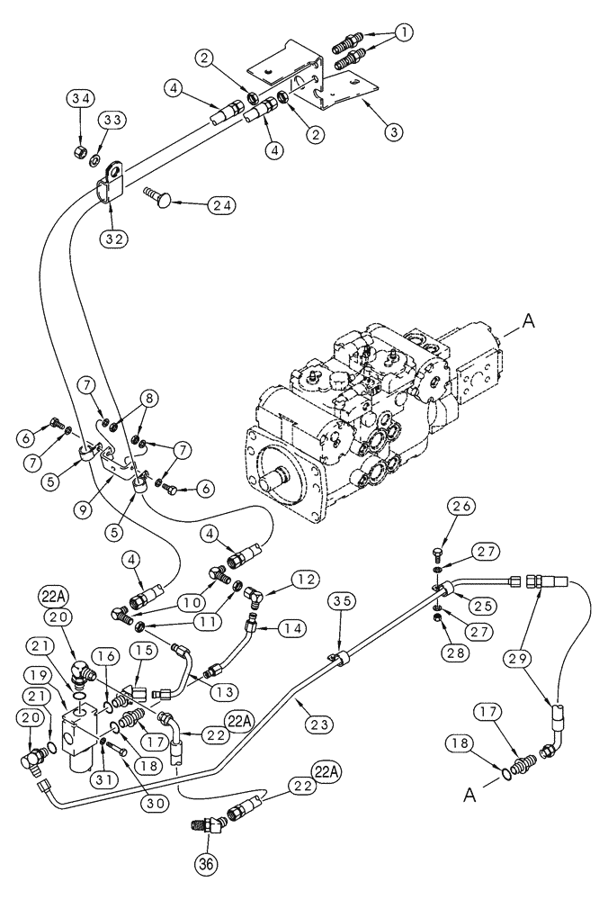 Схема запчастей Case 85XT - (08-10) - HYD. COUPLER SYS., GEAR PUMP TO HOSE MTG BRACKET, MODELS WITH TWO 9/16" HYD. LINES TO SOLENOID VALVE (08) - HYDRAULICS