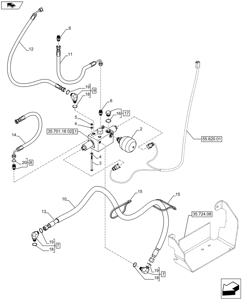 Схема запчастей Case 590SN - (35.701.18[01]) - VAR - 747776, 747864 - HYDRAULICS - LOADER 4 IN 1 - 3 SPOOL VALVE (35) - HYDRAULIC SYSTEMS