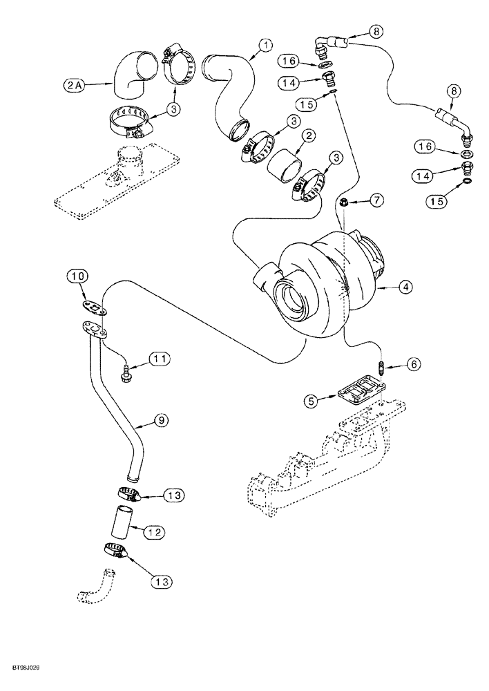 Схема запчастей Case 650G - (2-25A) - TURBOCHARGER SYSTEM 4T-390 EMISSIONS CERTIFIED ENGINE CRAWLER P.I.N. JJG0216449 AND AFTER (02) - ENGINE