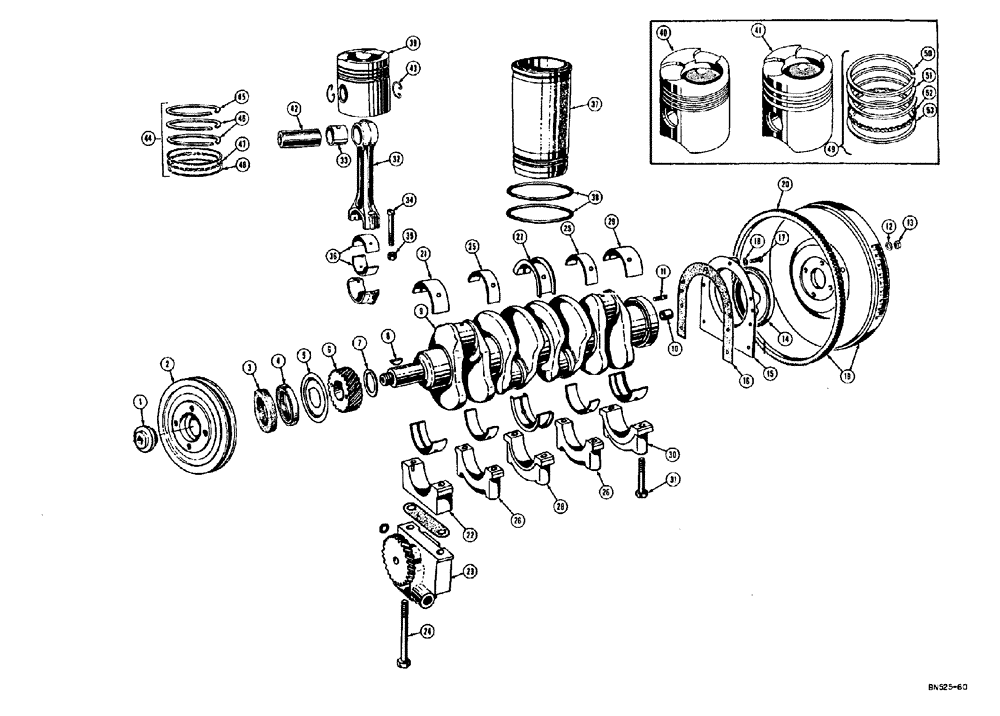 Схема запчастей Case 310E - (020) - FLYWHEEL, CRANKSHAFT, AND PISTONS - DIESEL (01) - ENGINE