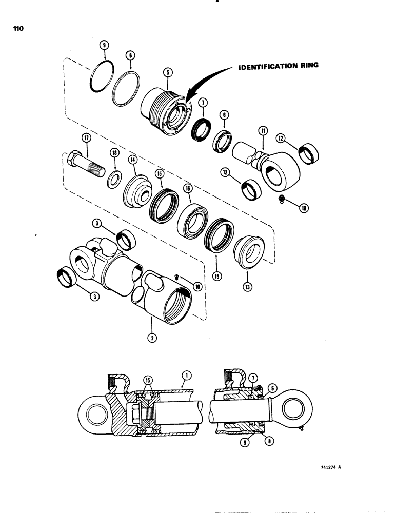 Схема запчастей Case 26C - (110) - G33596 DIPPER CYLINDER, WITH TWO PIECE PISTON, GLAND HAS IDENTIFICATION NUMBER 