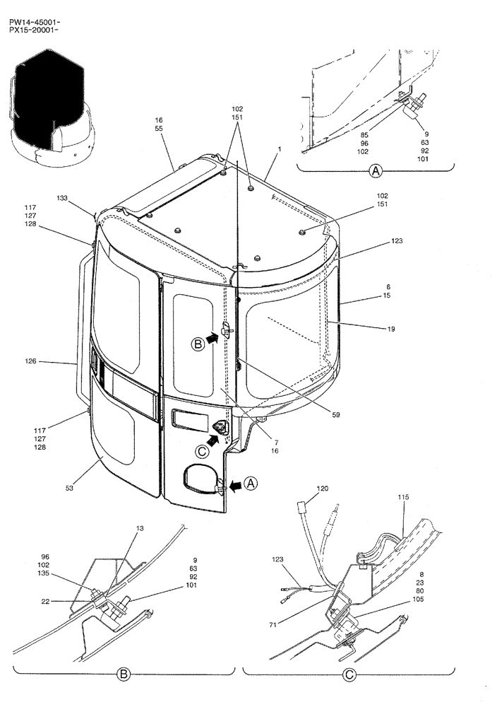 Схема запчастей Case CX36B - (01-045) - CAB ASSY, P/N PW02C00068F1 (05) - SUPERSTRUCTURE