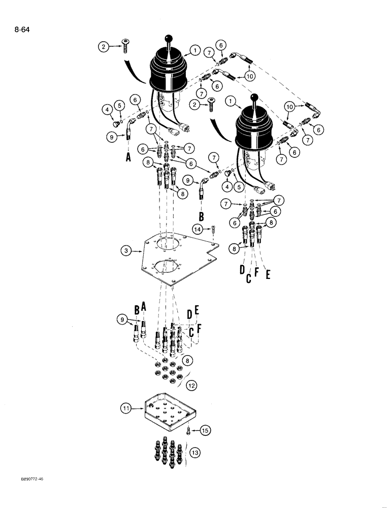 Схема запчастей Case 721 - (8-64) - REMOTE LOADER CONTROL CIRCUIT, TWO LEVERS WITH FOUR SPOOL VALVE (08) - HYDRAULICS