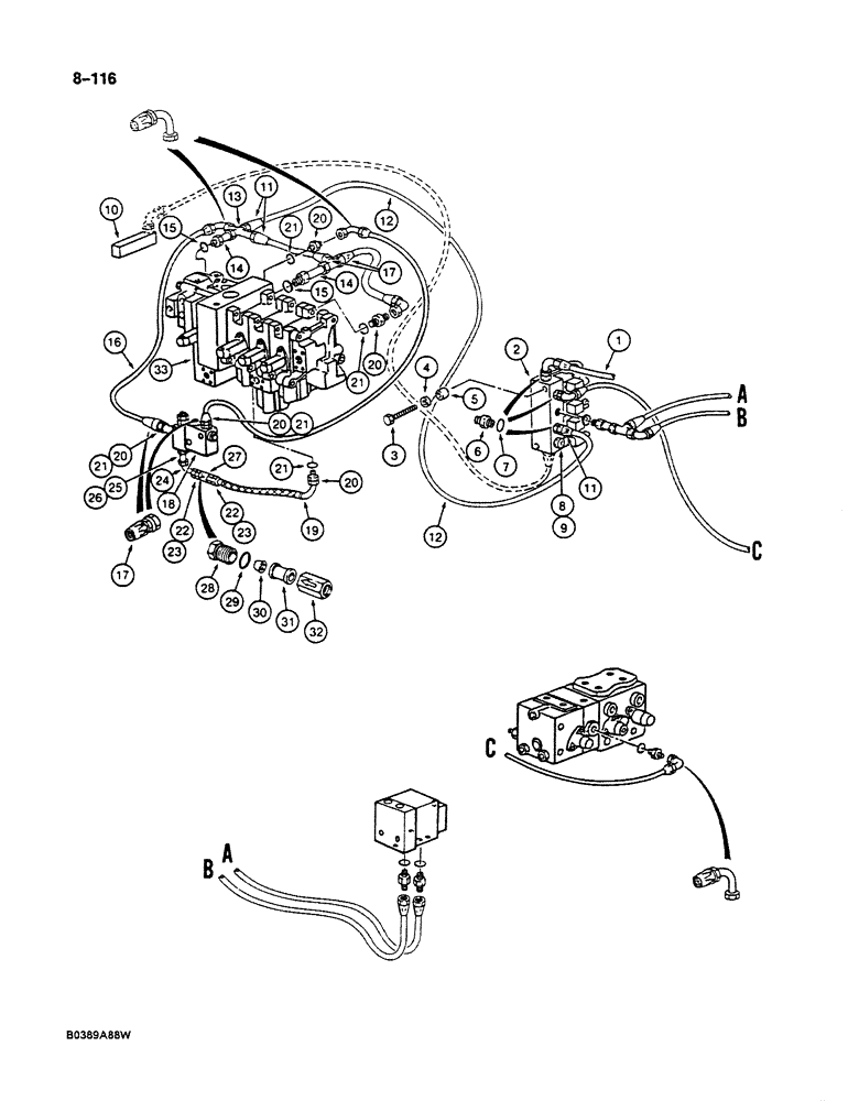 Схема запчастей Case 125B - (8-116) - HYDRAULIC CIRCUIT FOR CONTROLS, SOLENOID VALVE TO MAIN CONTROL VALVES & SWIVEL (08) - HYDRAULICS