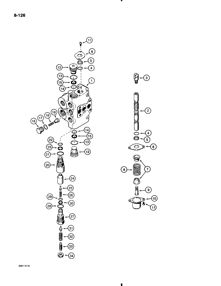 Схема запчастей Case 580K - (8-126) - THREE-POINT HITCH CONTROL VALVE, INLET-OUTLET AND IMPLEMENT SECTION (08) - HYDRAULICS