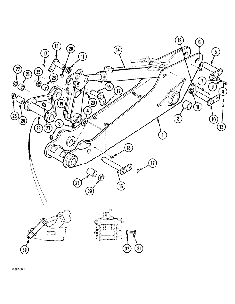 Схема запчастей Case 170C - (9-052) - ARM, LINKS AND MOUNTING PINS, WITH 2.5 METER (8 3 ") ARM, P.I.N. 74501 THRU 74628 (09) - CHASSIS