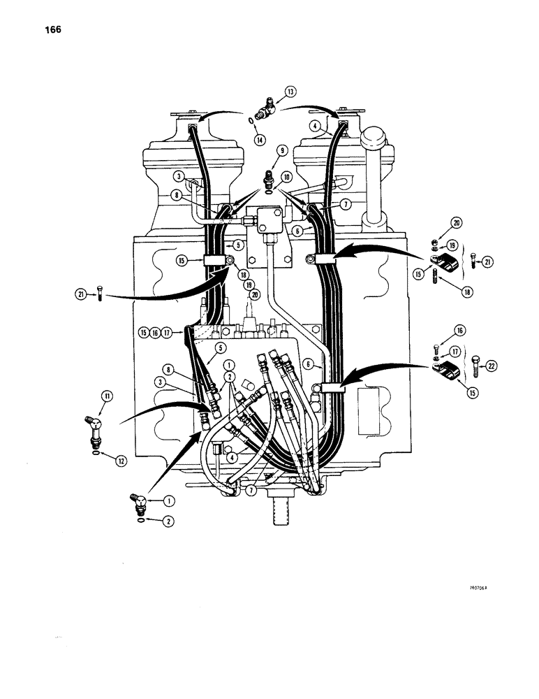 Схема запчастей Case 1450 - (166) - TRANSMISSION HYDRAULIC CIRCUITS, VALVE TO BRAKES TRANS SN 2806301 & AFT (06) - POWER TRAIN