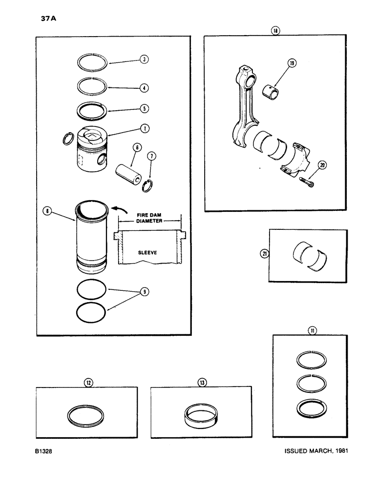 Схема запчастей Case 1450 - (037A) - PISTONS AND SLEEVES, WITH 5.092" TO 5.097" FIRE DAM DIA SLEEVE, 504BDT DEISEL ENG (02) - ENGINE