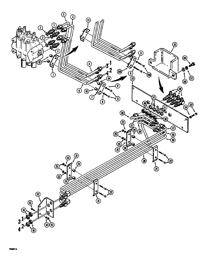 Схема запчастей Case 350B - (168) - DOZER ANGLE AND TILT HYDRAULIC CIRCUIT, CONTROL VALVE TO GRILLE (07) - HYDRAULIC SYSTEM