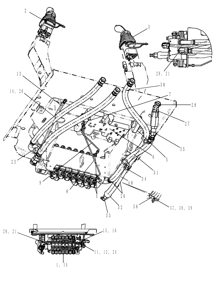 Схема запчастей Case 590SM - (08-17) - HYDRAULICS - VALVE, PILOT CONTROL AND JOYSTICKS (7 SPOOL, W/ EXT DIPPER, W/ AUX HYDS) (590SM+) (08) - HYDRAULICS