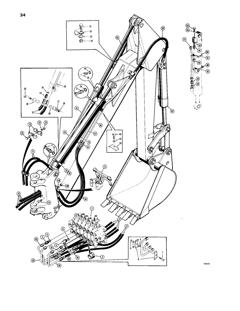 Схема запчастей Case 26 - (034) - BOOM, DIPPER AND BUCKET CYLINDER HYDRAULICS, BACKHOE SERIAL NUMBER 5220152 AND AFTER 