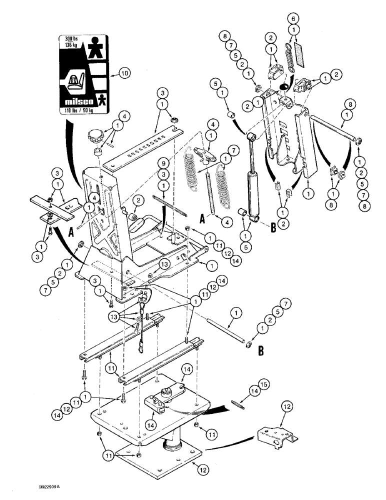 Схема запчастей Case 580SK - (9-125J) - SUSPENSION SEAT PEDESTAL, WEIGHT ADJUSTER, AND SUSPENSION (09) - CHASSIS/ATTACHMENTS