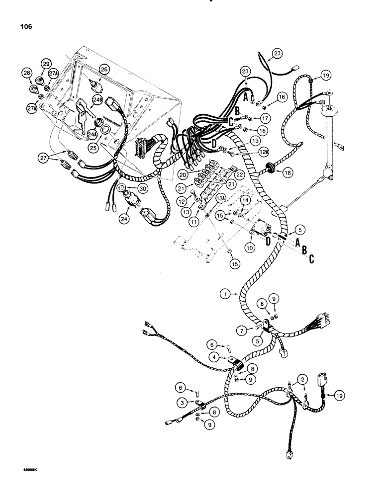 Схема запчастей Case 580SE - (106) - MAIN WIRING HARNESS AND CONNECTIONS, MODELS WITH TEST SWITCH AND SOLENOID (04) - ELECTRICAL SYSTEMS