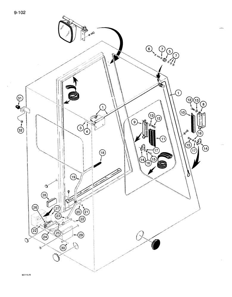 Схема запчастей Case 1085B - (9-102) - WINDSHIELD CABLES, DOOR LATCH, AND MISCELLANEOUS, CAB S/N 334940 AND AFTER (09) - CHASSIS