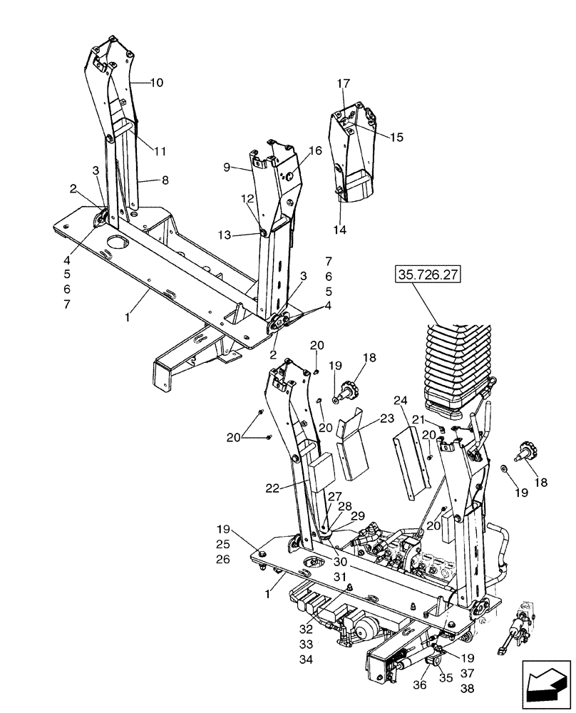 Схема запчастей Case 580SM - (35.726.26) - BACKHOE CONTROL TOWER SUPPORT, WITH PILOT CONTROLS (35) - HYDRAULIC SYSTEMS