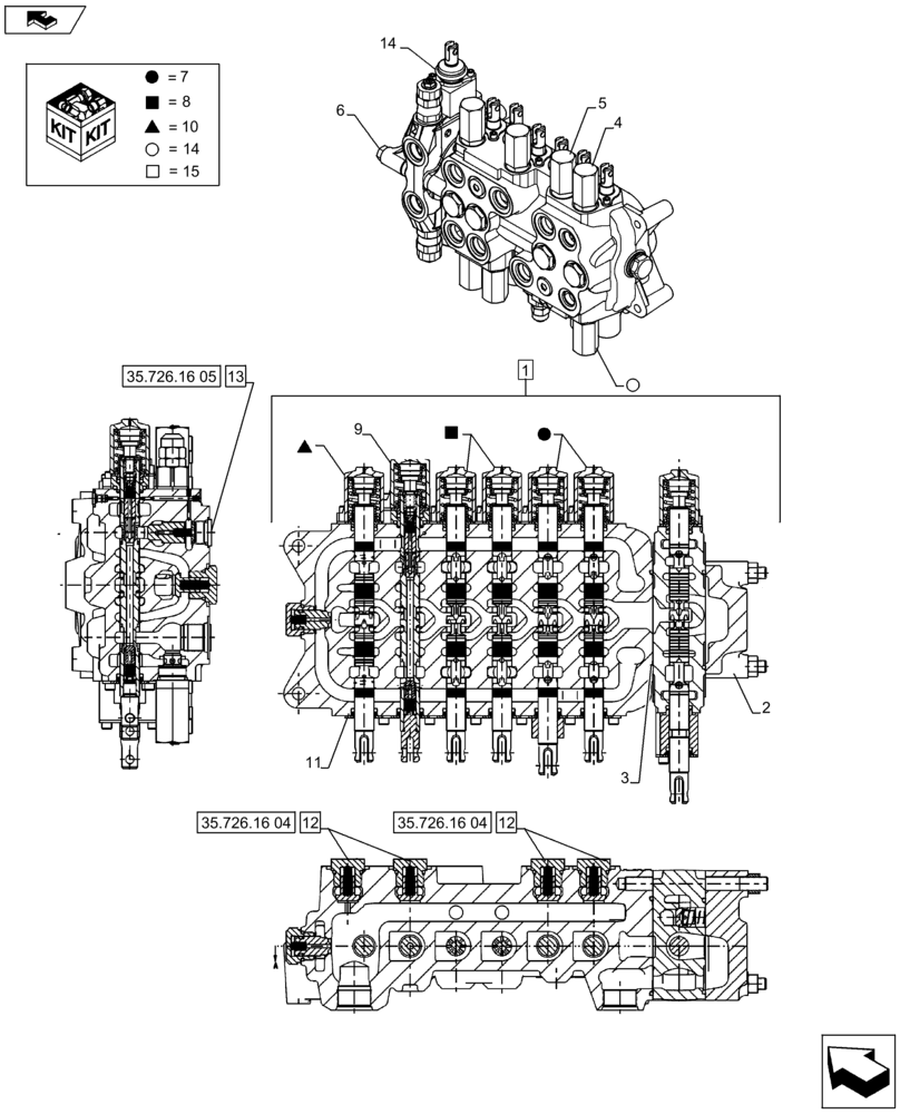 Схема запчастей Case 590SN - (35.726.1608[01]) - BACKHOE CONTROL VALVE, 7-SPOOL, COMPONENTS, W/ STANDARD DIPPER, W/ FOOT SWING CONTROLS, W/ DOUBLE AUXILIARY HYDRAULICS - C7373 (35) - HYDRAULIC SYSTEMS