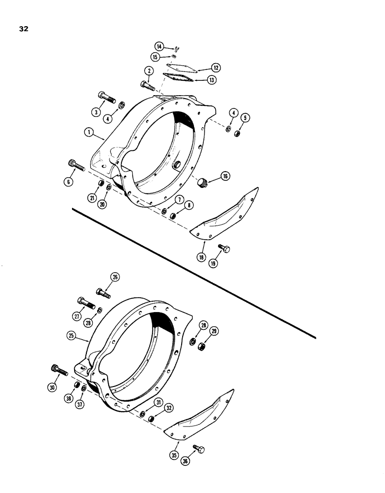 Схема запчастей Case W26B - (032) - FLYWHEEL HOUSING (504BDT) DIESEL ENGINE WITH FLEX PLATE DRIVE 1ST USED TRAC. SER. NO. 9116327 (02) - ENGINE