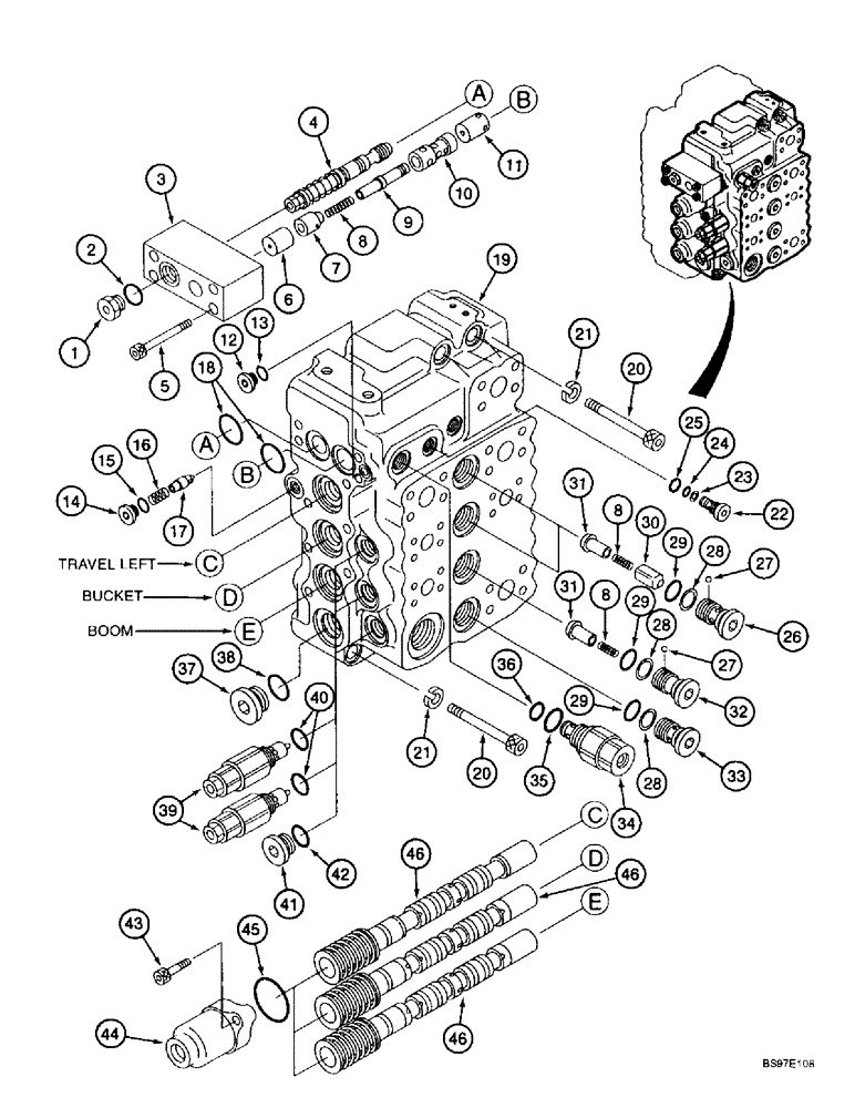 Схема запчастей Case 9010B - (8-106) - CONTROL VALVE, THREE SPOOL HOUSING AND RELATED PARTS (08) - HYDRAULICS