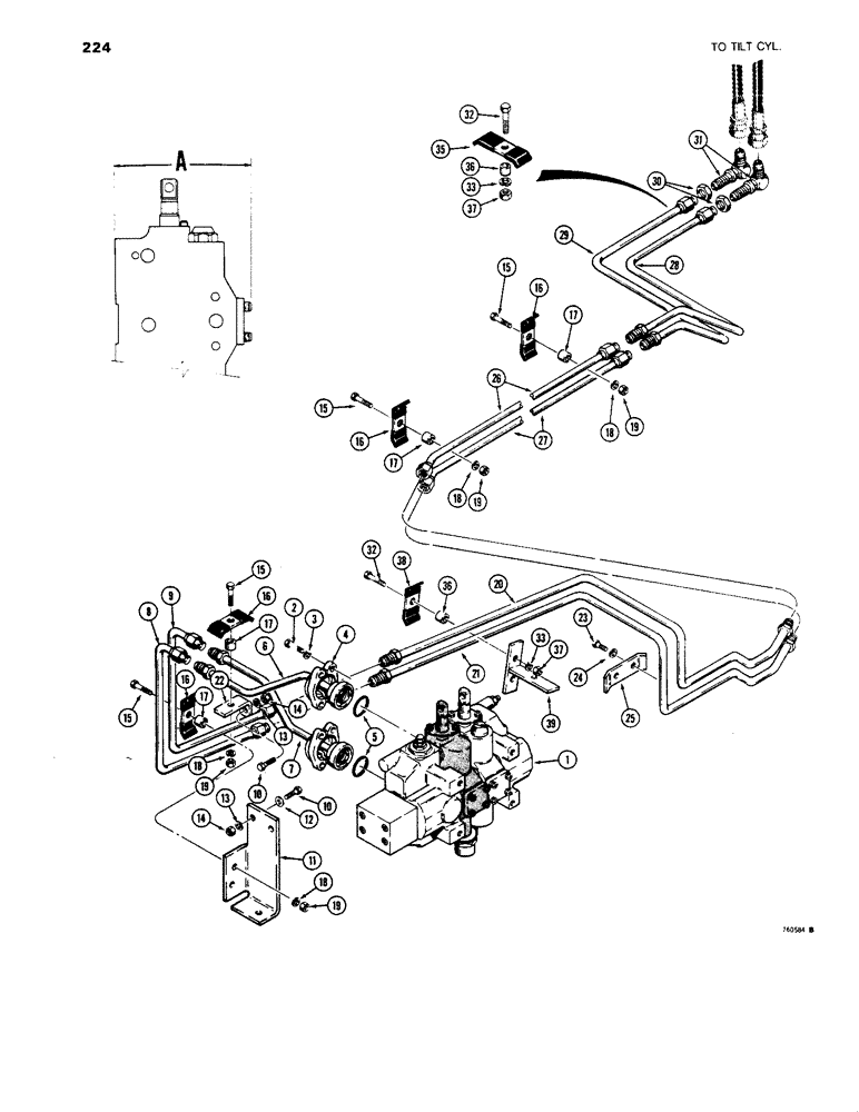 Схема запчастей Case 1450 - (224) - DOZER TILT HYDRAULIC CIRCUIT (TILT DOZER), USED TRACTOR SN 8379701 AND AFTER, VALVE TO GRILLE (08) - HYDRAULICS