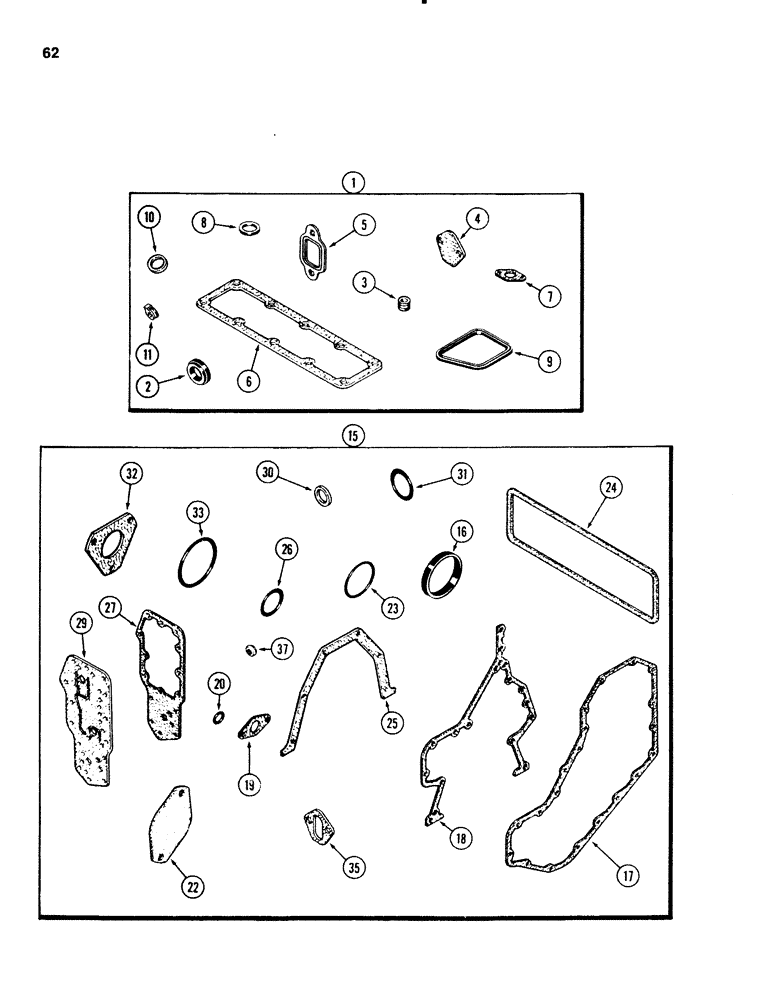 Схема запчастей Case 580E - (062) - ENGINE GASKET KITS, 4T-390 AND 4-390 DIESEL ENGINE, VALVE GRIND (02) - ENGINE