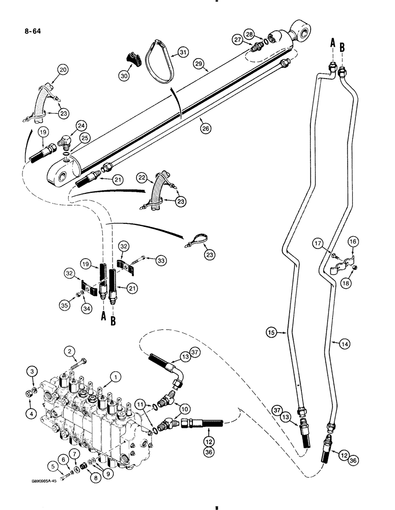 Схема запчастей Case 580K - (8-064) - BACKHOE EXTENDABLE DIPPER HYDRAULIC CIRCUIT (08) - HYDRAULICS