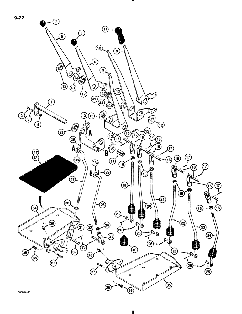 Схема запчастей Case 580K - (9-022) - BACKHOE CONTROLS W/ FOOT SWING, W/ NON-EXTENDABLE DIPPER USED ON MODELS W/O TILT BACKHOE CONTROLS (09) - CHASSIS/ATTACHMENTS