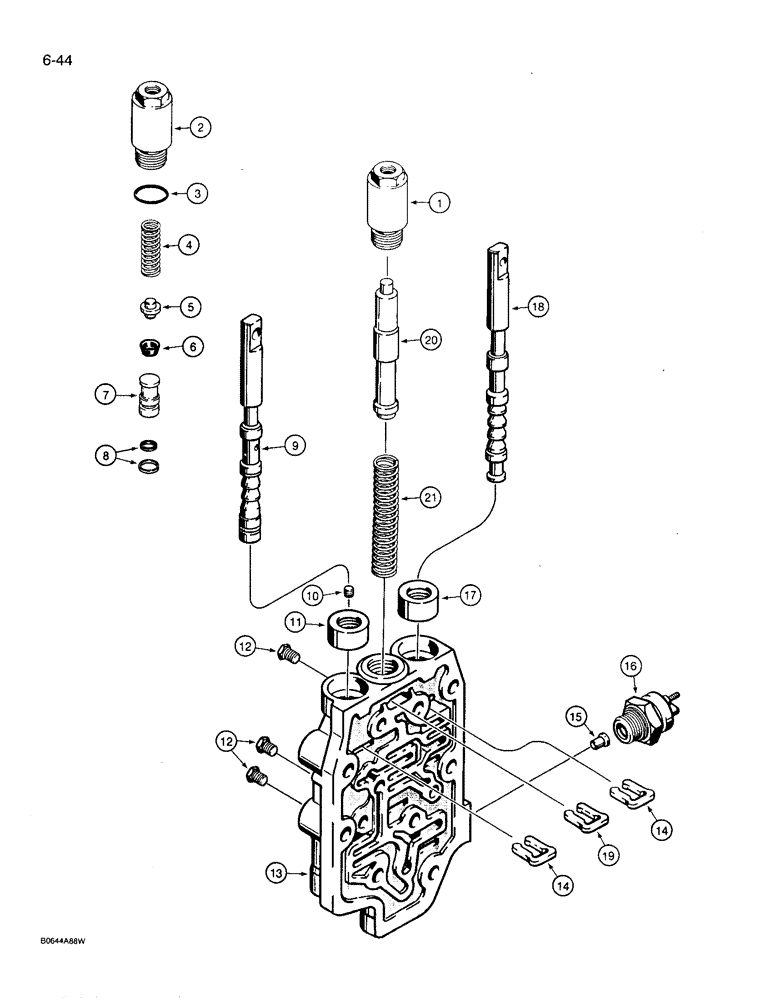 Схема запчастей Case 780D - (6-44) - TRANSMISSION CONTROL VALVE ASSEMBLY, TWO WHEEL AND FOUR WHEEL DRIVE MODELS (06) - POWER TRAIN