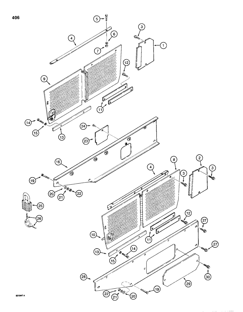 Схема запчастей Case 1150D - (406) - SIDE SHIELDS - DOZER AND DRAWBAR MODELS (09) - CHASSIS/ATTACHMENTS