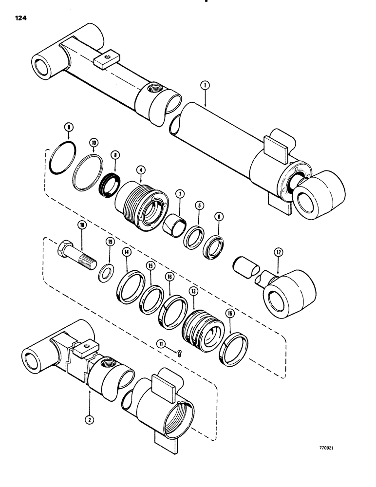 Схема запчастей Case 26C - (124) - G101203 DIPPER EXTENSION CYLINDER, WITH ONE PIECE PISTON 