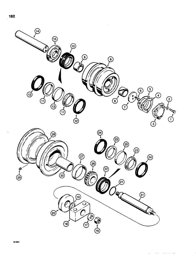 Схема запчастей Case 850C - (162) - D48684 TRACK CARRIER ROLLER, FOR IDENTIFICATION - SEE ITEM 3 OF ILLUSTRATION (04) - UNDERCARRIAGE