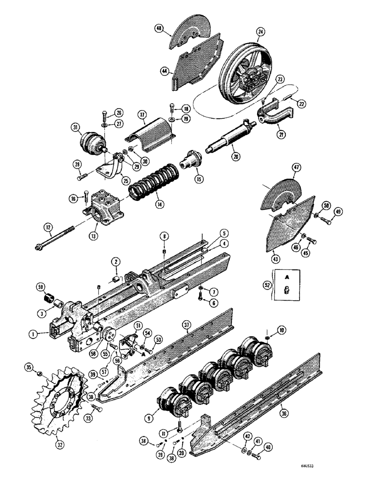 Схема запчастей Case 750 - (114) - TRACK FRAME, RECOIL SYSTEM, AND ROCK GUARDS - 5 ROLLER, USED BEFORE TRAC. S/N 7071538 (04) - UNDERCARRIAGE