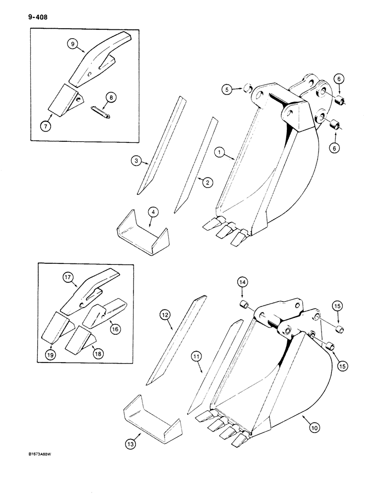 Схема запчастей Case 680K - (9-408) - BACKHOE BUCKETS, TRENCHING BUCKETS, CRIMPED-ON BUCKET TEETH (09) - CHASSIS/ATTACHMENTS