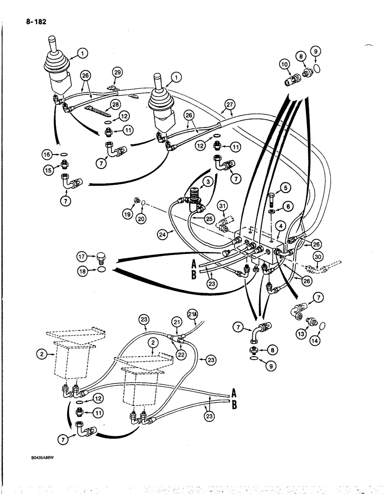 Схема запчастей Case 170B - (8-182) - HYDRAULIC CONTROL CIRCUIT, MANIFOLD TO HAND AND FOOT CONTROL VALVES, P.I.N. 74398 & 74400 THRU 74456 (08) - HYDRAULICS