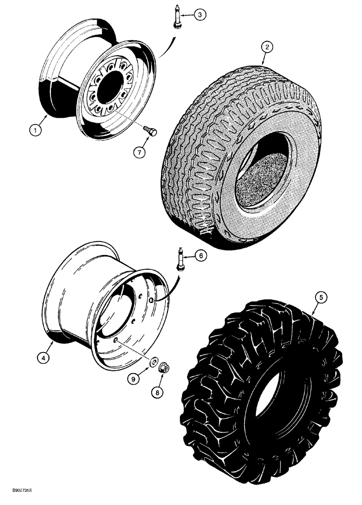 Схема запчастей Case 580SL - (5-018) - FRONT WHEELS & TIRES, FOR 11L X 16 - 10PR F3 TIRES, 2WD MODELS (05) - STEERING