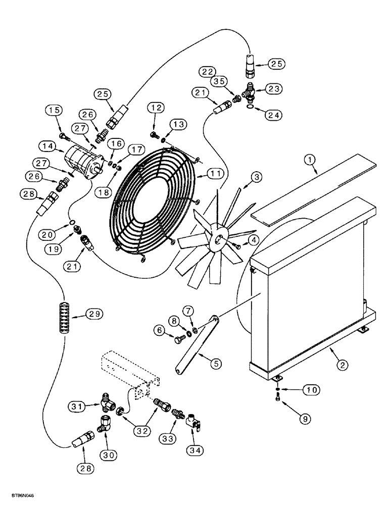 Схема запчастей Case 9060B - (8-014) - OIL COOLER, FAN AND MOUNTING, WITH HYDRAULICS FROM COOLER TO SHUT-OFF VALVE (08) - HYDRAULICS