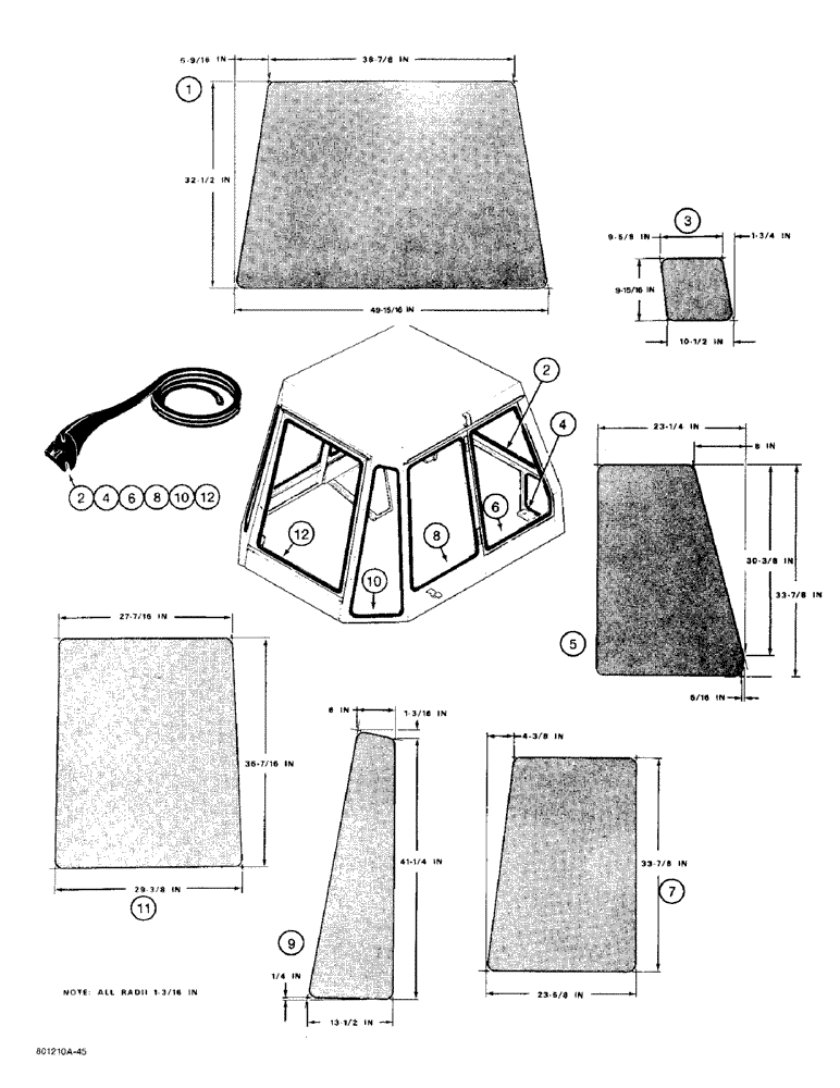 Схема запчастей Case 480F - (9-134) - CAB GLASS AND MOLDING, U.S. DIMENSIONS (09) - CHASSIS/ATTACHMENTS