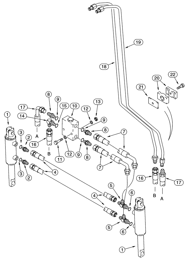 Схема запчастей Case 95XT - (08-11) - HYDRAULICS, COUPLER SYSTEM, HOSE MOUNTING BRACKET TO CYLINDER (08) - HYDRAULICS