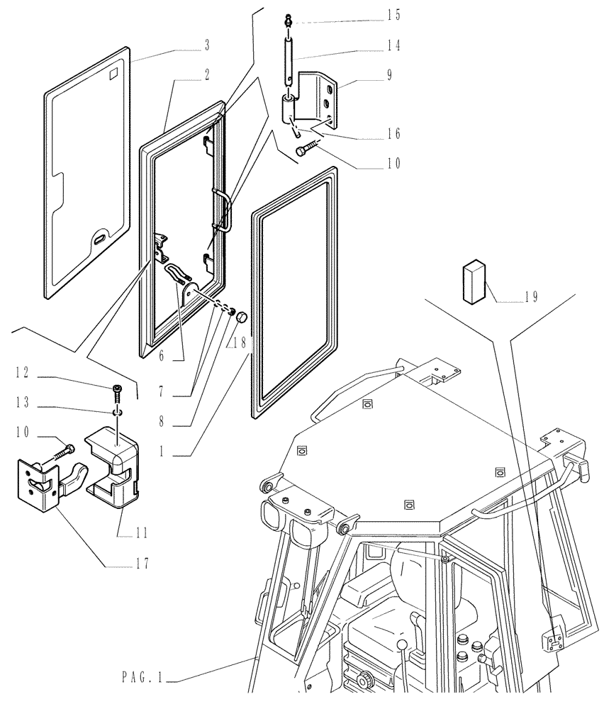 Схема запчастей Case 1850K LT - (9.653[11]) - ROPS CAB - WINDOW - OPTIONAL CODE 76078133 (19) - OPTIONS